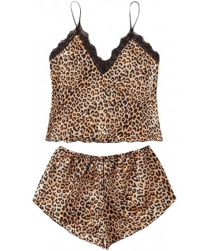 Sets Women's Sexy Polka Dot Sleeveless Lace Satin Cami & Shorts Pajamas Set - Leopard Multicolor - CI19D0A7WZX