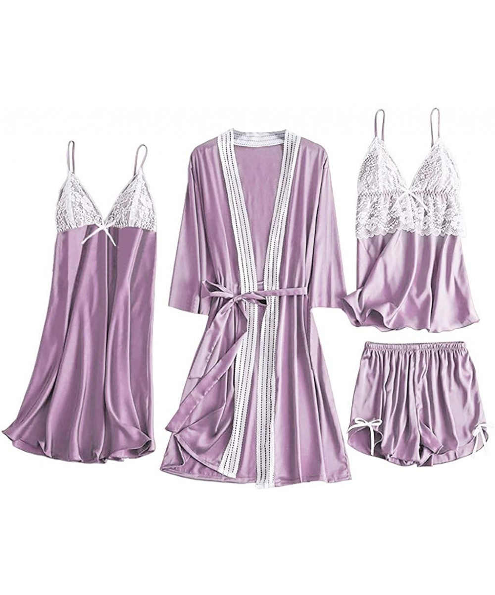 Nightgowns & Sleepshirts Women Pajamas Set Female Lace Simulation Silk Camisole Bowknot Shorts Sleepwear 4 Piece Set - Purple...