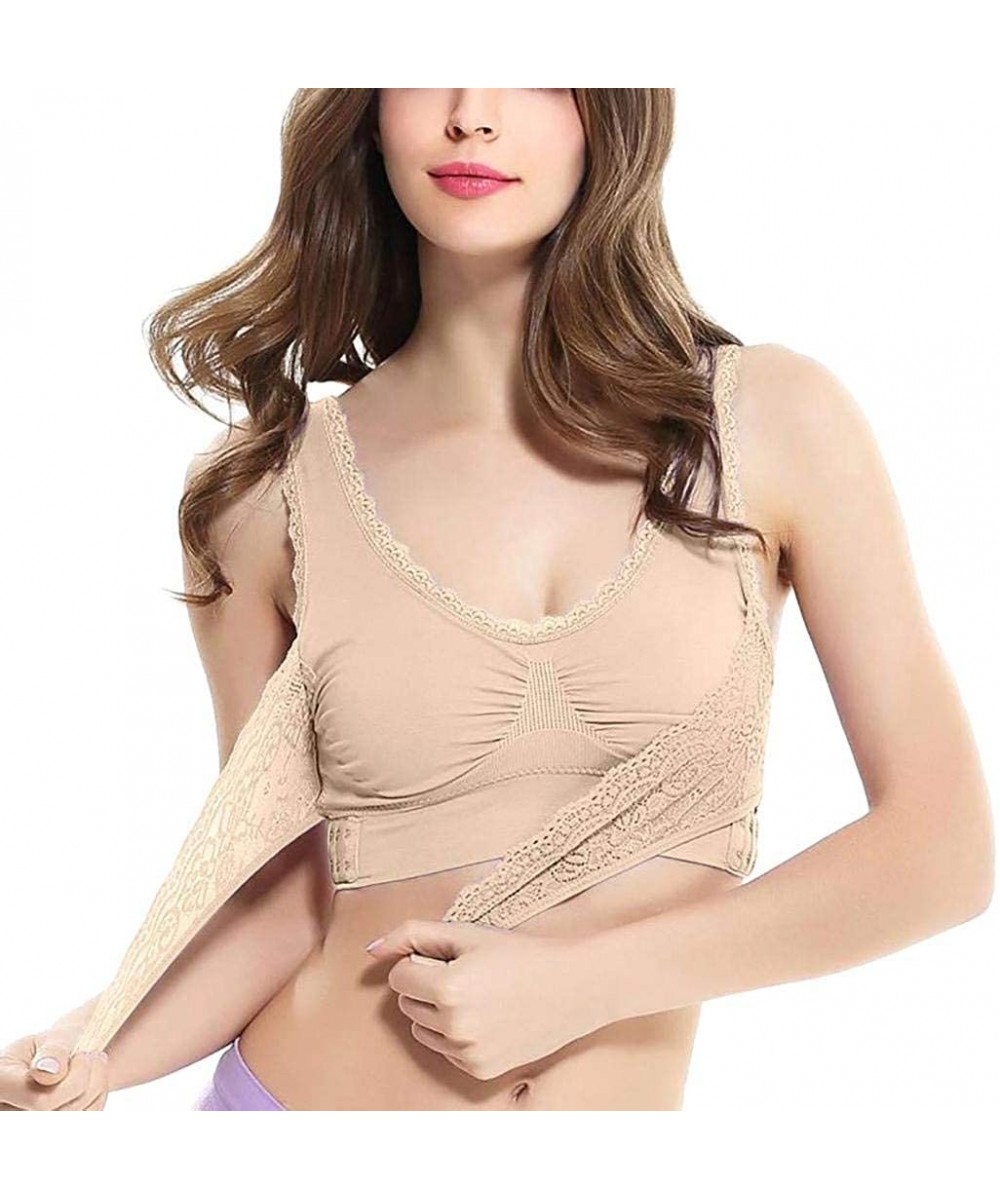 Bras Women Cross Push-up Sporting Bra Front Side Buckle Lace Full Cup Underwear Sports Bras - Nude - CC19036TZQE