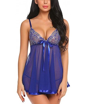 Baby Dolls & Chemises Women Sexy V-Neck Lingerie Embroidery Lace Babydoll Mesh Nightwear Bowknot Sleepwear - Blue - CO196RIM9SW