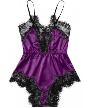 Sets Womens Lace Trim Satin Sleepwear Sexy Silk Lingerie Straps Bralette Panty Set Cami Top & Shorts Pajama Set Purple B - C0...