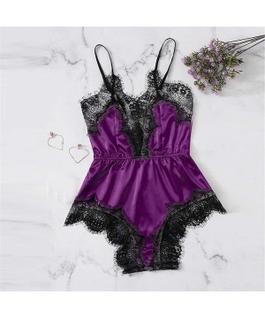 Sets Womens Lace Trim Satin Sleepwear Sexy Silk Lingerie Straps Bralette Panty Set Cami Top & Shorts Pajama Set Purple B - C0...