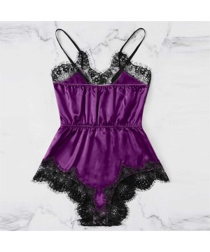 Sets Womens Lace Trim Satin Sleepwear Sexy Silk Lingerie Straps Bralette Panty Set Cami Top & Shorts Pajama Set Purple B - C0...