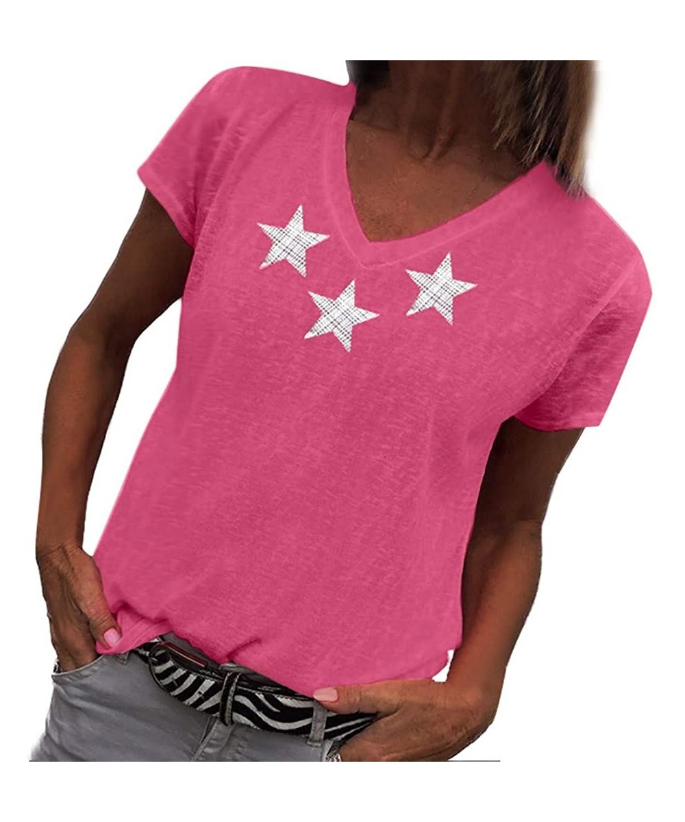 Shapewear Shirts for Women-The Fashion Women's Summer V-Neck Star Printed Short Sleeve T-Shirt Top Blouse - Hot Pink - CL18SM...