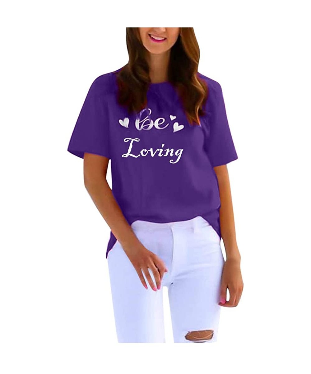 Thermal Underwear Be Loving Women Girls Blouse Short Sleeve Letter Print T-Shirt Slim Cute Tops - A-purple - CF197I2224S