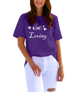 Thermal Underwear Be Loving Women Girls Blouse Short Sleeve Letter Print T-Shirt Slim Cute Tops - A-purple - CF197I2224S