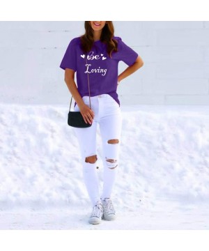 Thermal Underwear Be Loving Women Girls Blouse Short Sleeve Letter Print T-Shirt Slim Cute Tops - A-purple - CF197I2224S