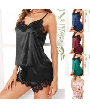 Sets Women Sleepwear Sleeveless Strap Nightwear Lace Trim Satin Cami Top Pajama Sets Sleepwear & Robes Sets Nightgowns Deep B...