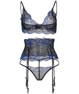 Bras Fashion Women Screen Perspective Eyelash Lace Perspective Sexy Underwear Suit - Blue - CD18YGKW935