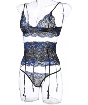 Bras Fashion Women Screen Perspective Eyelash Lace Perspective Sexy Underwear Suit - Blue - CD18YGKW935