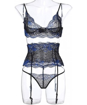 Bras Fashion Women Screen Perspective Eyelash Lace Perspective Sexy Underwear Suit - Blue - CD18YGKW935