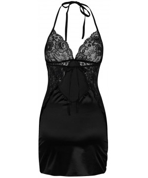 Nightgowns & Sleepshirts Women Lingerie Sexy Chemise V Neck Lace Babydoll Sleepwear with G-String - Black-1 - CW18D5IGXNW