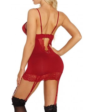 Baby Dolls & Chemises Women One-Piece Chemise Lingerie Sexy Lace Bodysuit Nightwear Underwear with Garter Belts - Wine - C019...