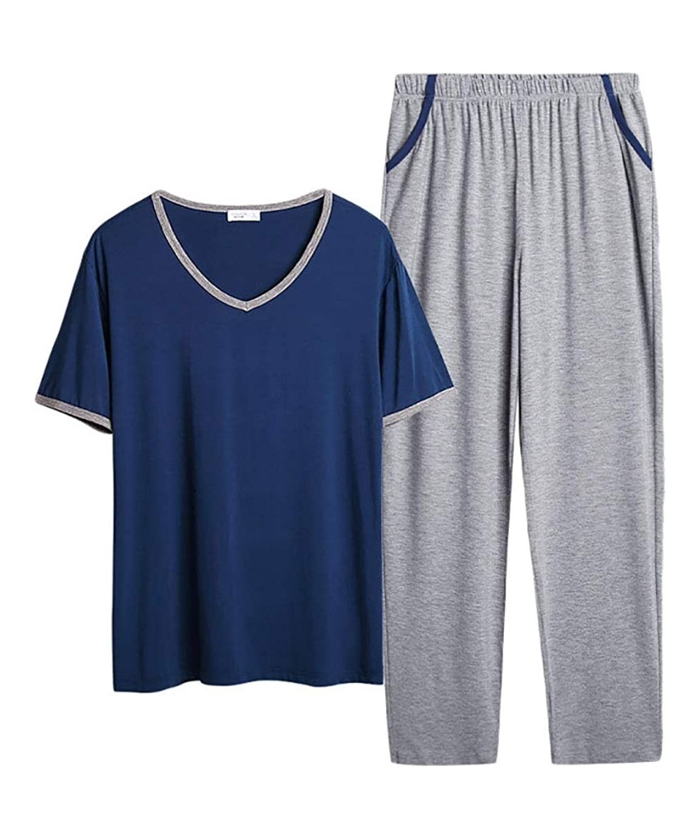 Sleep Sets Men's V-Neck Short Sleeve Shirt and Pants Sleepwear Lounge Set - Royal Blue & Gray - C8192ZR288H