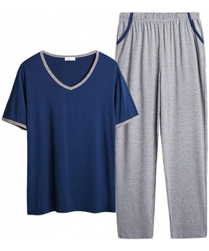 Sleep Sets Men's V-Neck Short Sleeve Shirt and Pants Sleepwear Lounge Set - Royal Blue & Gray - C8192ZR288H