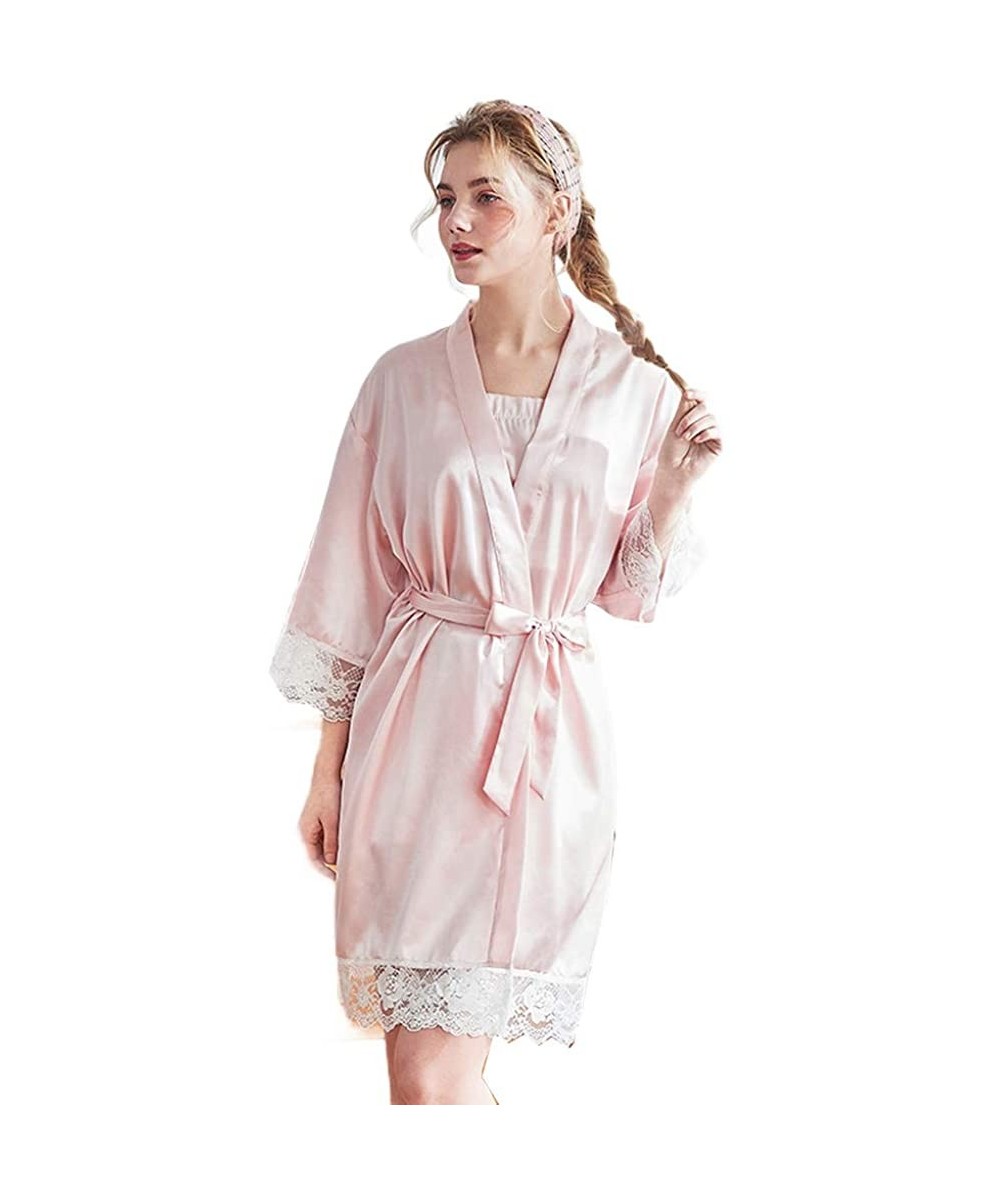 Robes Women's Pure Color Kimono Robes Short Satin Nightwear Bridesmaids with V-Neck - Pink Light - C118U2Q5424