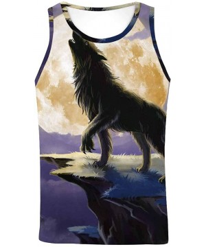 Undershirts Men's Muscle Gym Workout Training Sleeveless Tank Top Wolf with Full Moon - Multi2 - C219D0XN77D