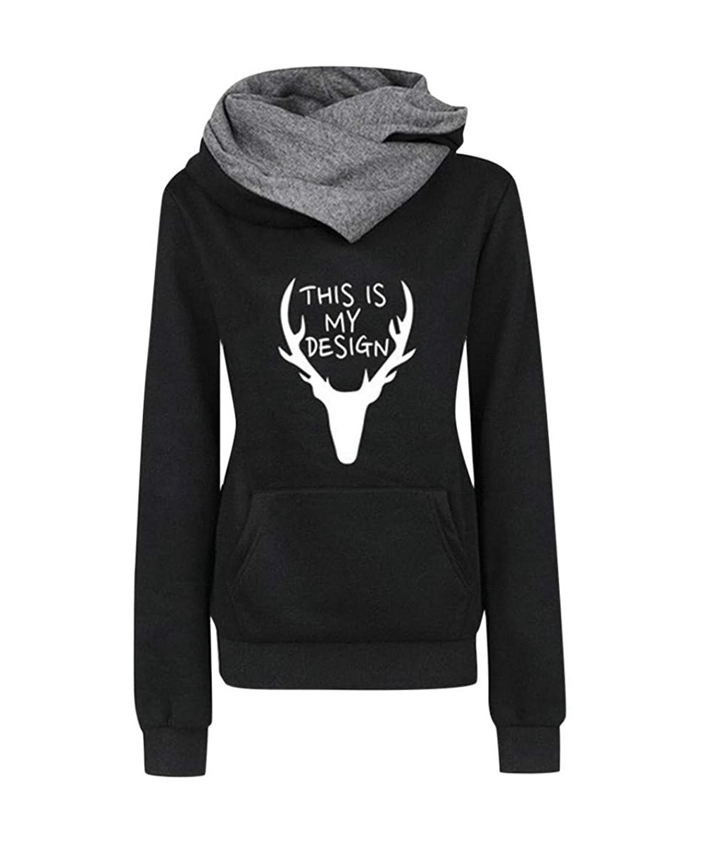 Thermal Underwear Christmas Deer Printed Hoodies-Women Lapel Pullover Long Sleeves Sweatshirt - Black - CY18AACOE5Q