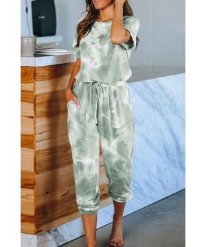 Sets Women's Tie Dye Print Short Sleeve and Long Pants Pajamas Set Jogger PJ Sets Sleepwear Loungewear with Belt - Light Gree...