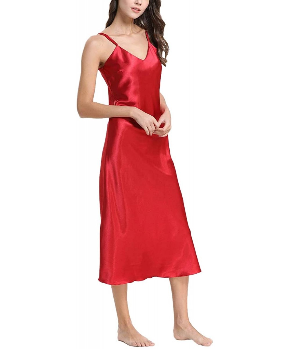 Nightgowns & Sleepshirts Women's Lingerie- Ladies Satin Pajamas Lace Nightwear- Long Nightdress Pure Color - Red - CS18ADYC44Q