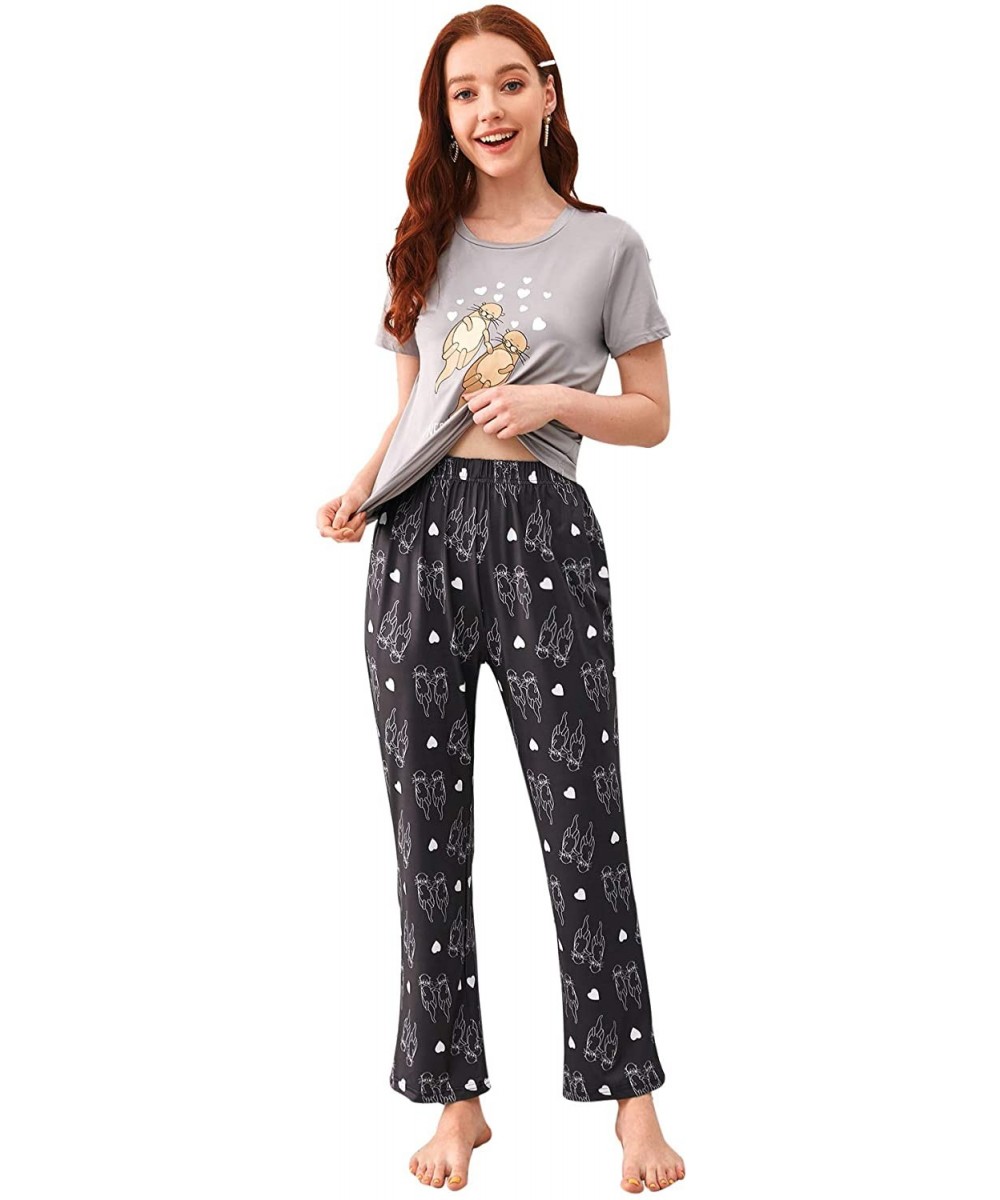 Sets Women's Kitty Cat Print Tee and Polka Dot Pants Pajama Set - Sea Lion - CU1906DSRME