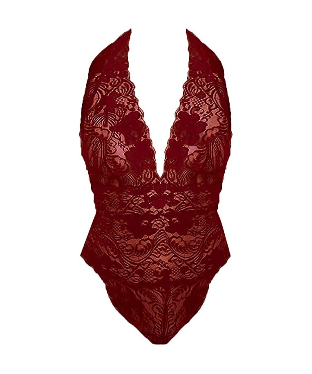 Tops Sexy Eroctic Romper Women Fashion Lace Teddy Lingerie One Piece Babydoll Mini Bodysuit Sleepwear Underwear Wine Red - CC...