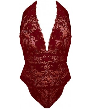 Tops Sexy Eroctic Romper Women Fashion Lace Teddy Lingerie One Piece Babydoll Mini Bodysuit Sleepwear Underwear Wine Red - CC...