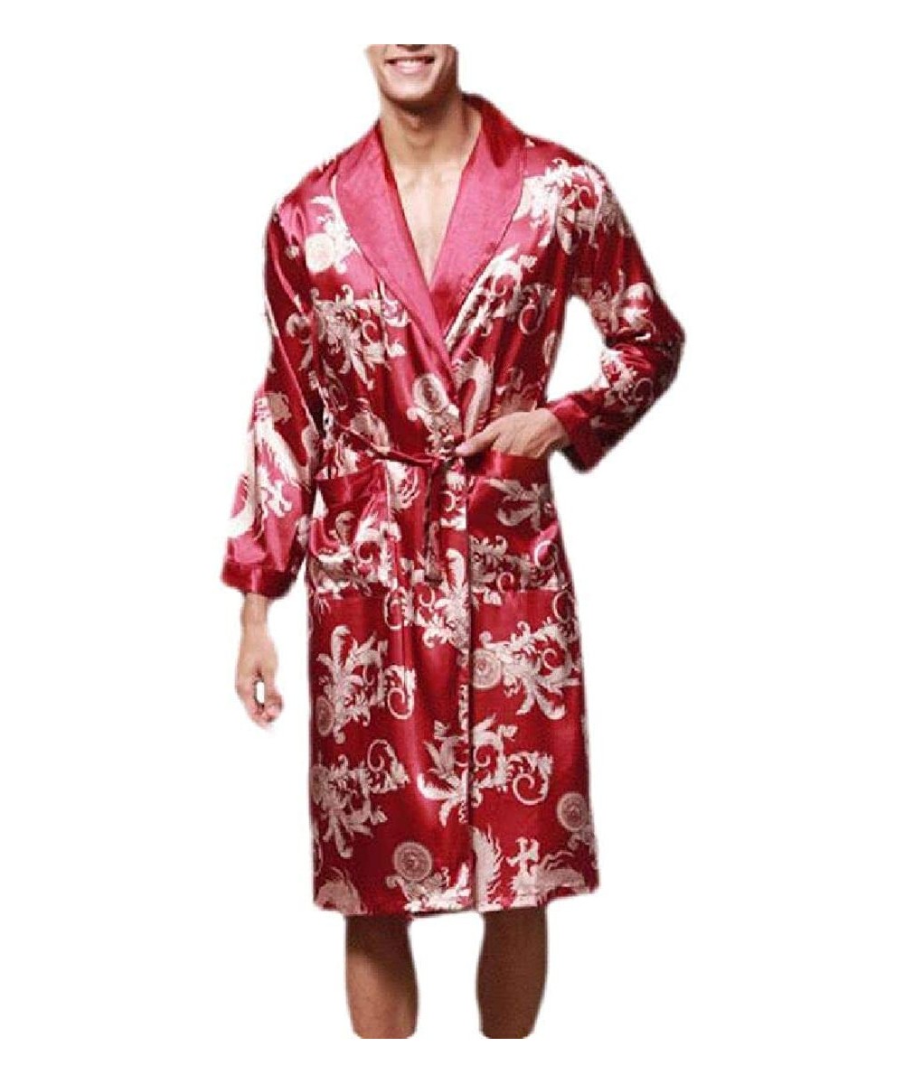 Robes Men's Robe Long Satin Bathrobe Lightweight Nightwear Loungewear Sleepwear - Wine Red - CC192SZLQR9