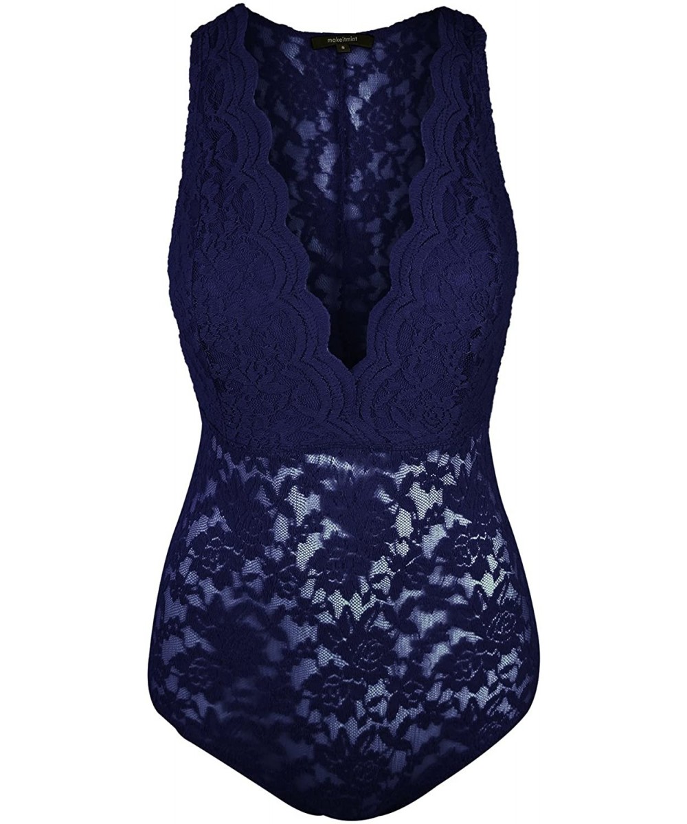 Shapewear Women's Floral Lace Low V-Neck Sleeveless Bodysuit w/Snap Buttons - [Yob0018]navy - C2180W6NZEW