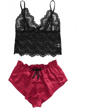 Sets Women's Floral Lace Cami Top with Satin Shorts Pajama Set Sleepwear - Burgundy - CY19E05XZCU