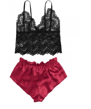 Sets Women's Floral Lace Cami Top with Satin Shorts Pajama Set Sleepwear - Burgundy - CY19E05XZCU