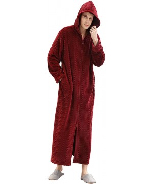 Robes Winter Coral Plush Thickened Long Flannel Nightgown Bathrobe Zipper Hooded Nightgown - Wine Red-men - CZ192YO4SUM