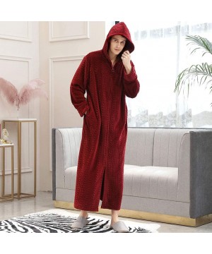 Robes Winter Coral Plush Thickened Long Flannel Nightgown Bathrobe Zipper Hooded Nightgown - Wine Red-men - CZ192YO4SUM