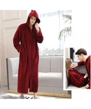 Robes Winter Coral Plush Thickened Long Flannel Nightgown Bathrobe Zipper Hooded Nightgown - Wine Red-men - CZ192YO4SUM