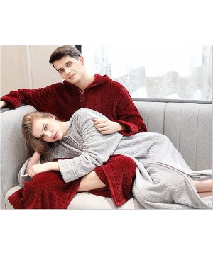 Robes Winter Coral Plush Thickened Long Flannel Nightgown Bathrobe Zipper Hooded Nightgown - Wine Red-men - CZ192YO4SUM