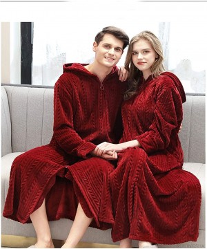 Robes Winter Coral Plush Thickened Long Flannel Nightgown Bathrobe Zipper Hooded Nightgown - Wine Red-men - CZ192YO4SUM