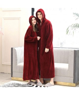 Robes Winter Coral Plush Thickened Long Flannel Nightgown Bathrobe Zipper Hooded Nightgown - Wine Red-men - CZ192YO4SUM