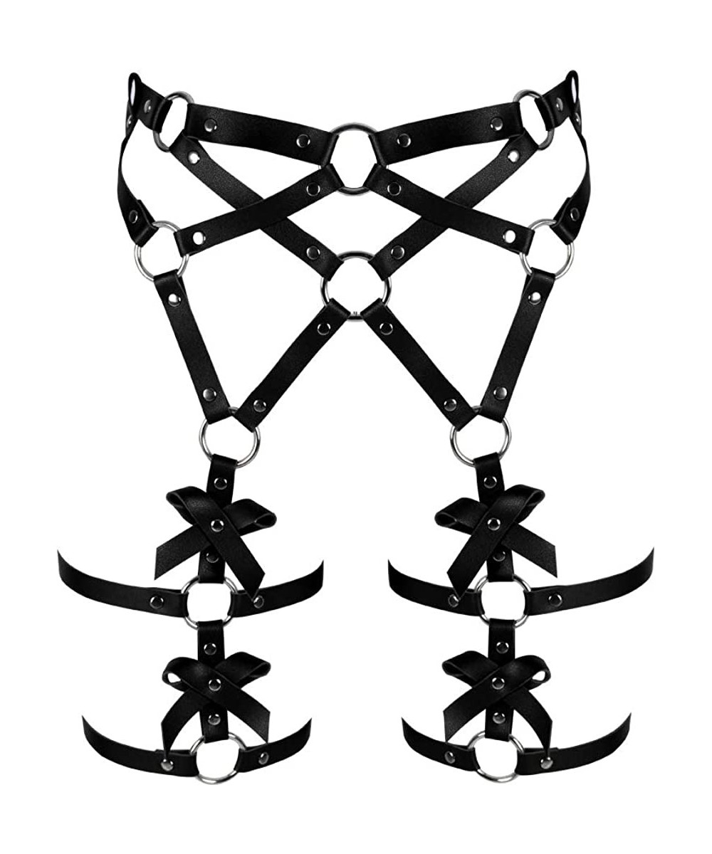 Garters & Garter Belts Women's Punk Leather Harness Garter Belt Adjustable Waist Leg Cincher Cage Body Harness Lingerie - Bla...