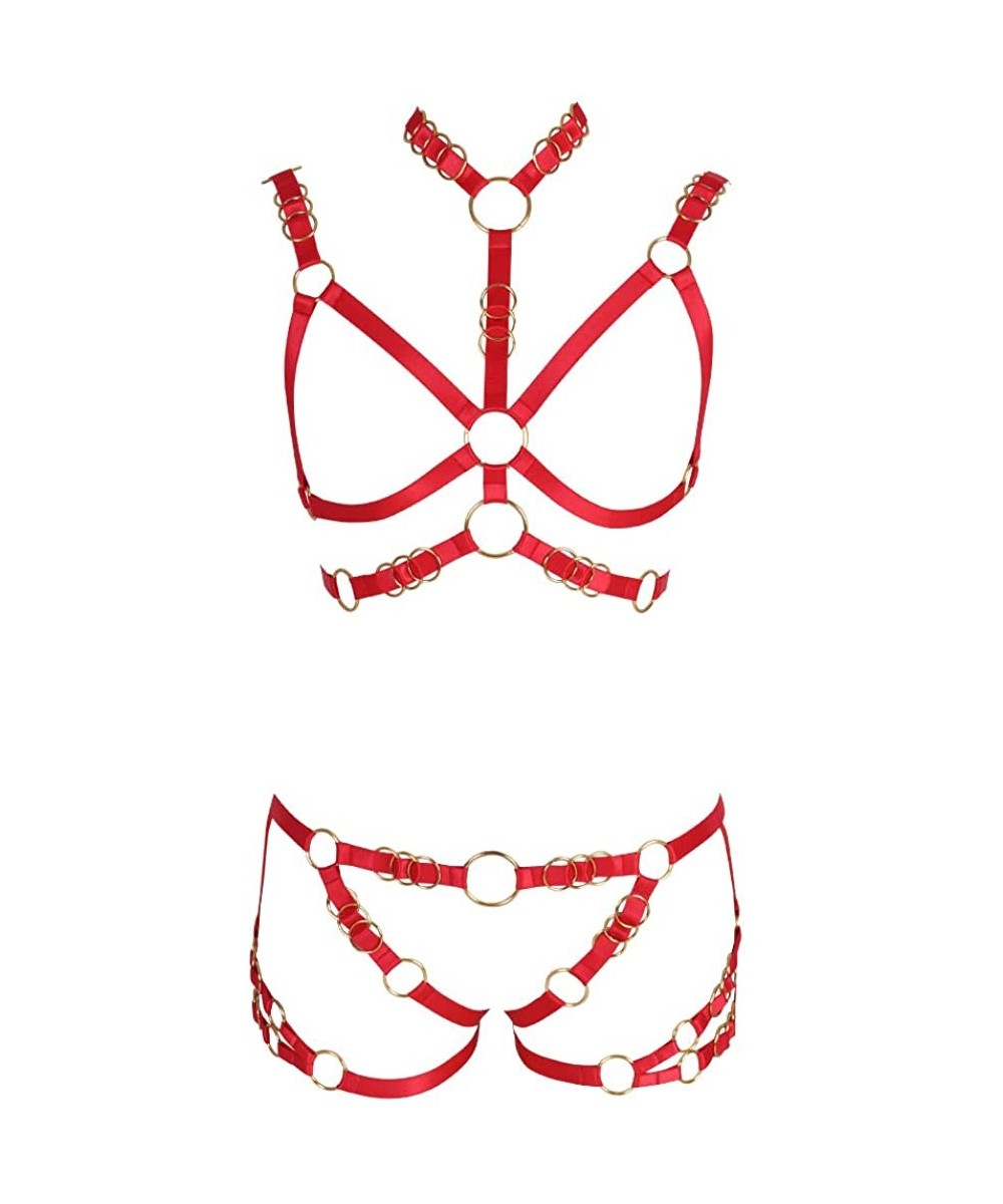 Garters & Garter Belts Women's Punk Full Body Harness Strappy Metal Ring Punk Hollow Out Breast Frame Waist Garter Belts Set ...