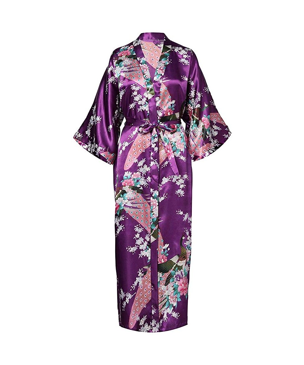 Robes Women Long Robe with Pocket Wedding Bride Bridesmaid Dressing Gown Rayon Kimono Night Dress - Purple - CM18T0KS2ME