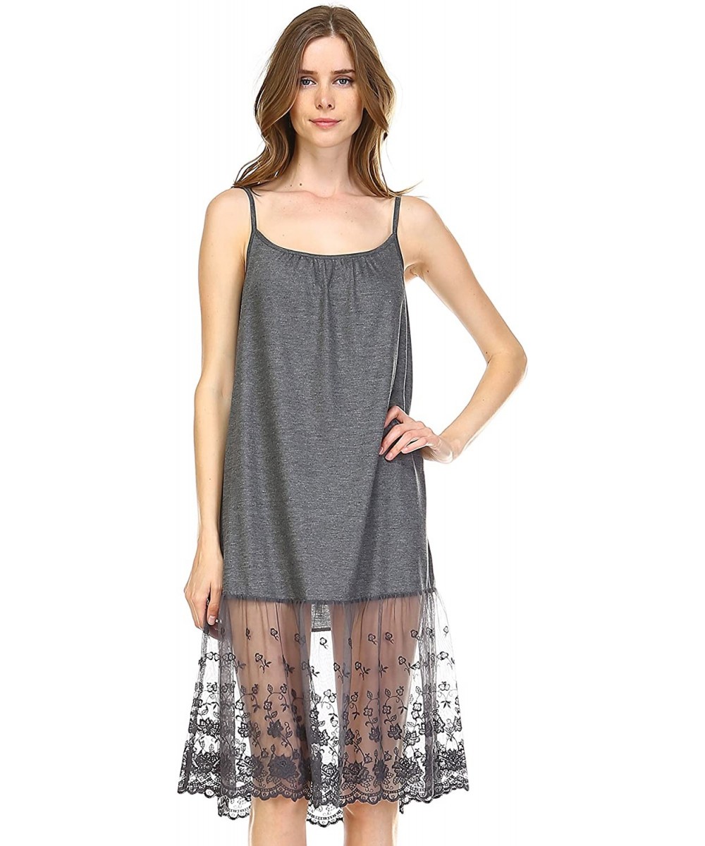 Slips Solid Knit lace Full Slip Short Dresses Tops Tunics Extender with Adjustable Straps - Lace Charcoal - CP12NH7KPXP