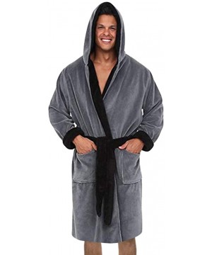 Robes Hooded Men's Soft Spa Long Bathrobe- Comfy Full Length Warm Nightdress Fleece Plush Shawl Collar Robe - Gray - CV193GK6634