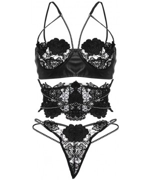 Accessories Womens Lace Bra Quarter Cup Underwired Sexy Three Set Lingerie Underwear - Black - CS18NZEIL26