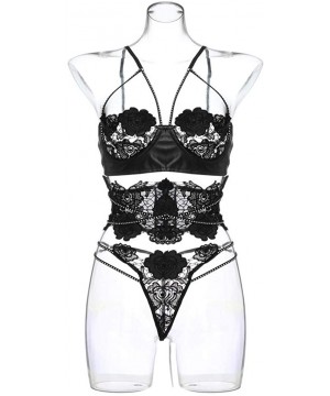 Accessories Womens Lace Bra Quarter Cup Underwired Sexy Three Set Lingerie Underwear - Black - CS18NZEIL26