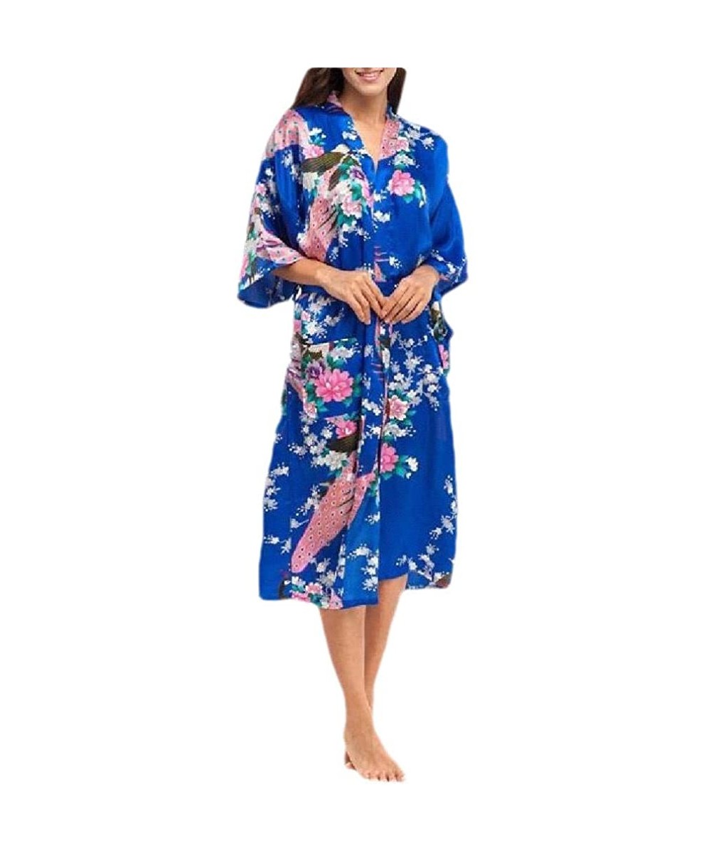 Robes Women's Comfort Floral Printed Soft Plush Charmeuse Belted Bathrobe - Sapphire Blue - CM199SLHA5X