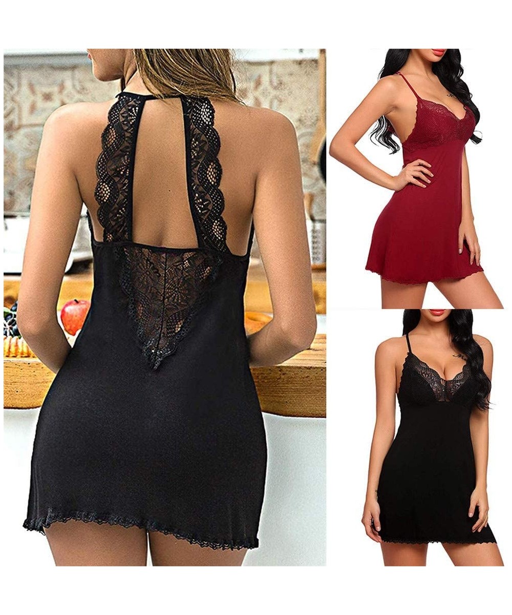 Nightgowns & Sleepshirts Woman Nightwear Fiber Sling V Neck Back Lace Sleeveless Nightgown O Neck Dress-Black-L - Black - CI1...