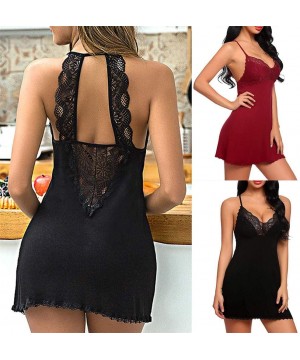 Nightgowns & Sleepshirts Woman Nightwear Fiber Sling V Neck Back Lace Sleeveless Nightgown O Neck Dress-Black-L - Black - CI1...