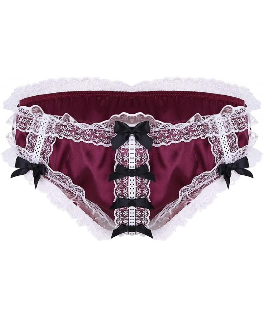 Briefs Men's Sissy Ruffled Satin Silky Bikini Briefs Floral Lace Crossdress Panties Girly Underwear - Wine Red - CE18Q44HE7W