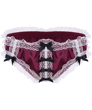 Briefs Men's Sissy Ruffled Satin Silky Bikini Briefs Floral Lace Crossdress Panties Girly Underwear - Wine Red - CE18Q44HE7W