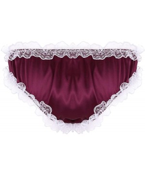 Briefs Men's Sissy Ruffled Satin Silky Bikini Briefs Floral Lace Crossdress Panties Girly Underwear - Wine Red - CE18Q44HE7W